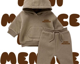 Conjunto de moletom infantil Mini Menace – Conjunto de moletom com capuz neutro, roupa de descanso minimalista