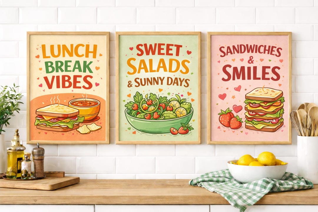 retro kitchen prints, set of 3, food wall art (digital... Retro Kitchen Prints Set – Colorful Foodie Wall Art (digital Download ...