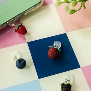 May include: A set of four fruit-shaped charms designed to attach to a device, including a red strawberry, a red raspberry, a blue blueberry, and a dark blackberry. Each charm features a small green leaf detail and a clear plastic clip attachment.