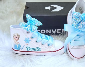 Custom Princess Elsa Converse With Sparkle Bows Personalized Frozen Converse For Girls