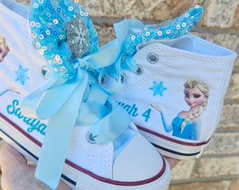 Custom Princess Elsa Converse With Sparkle Bows Personalized Frozen Converse For Girls