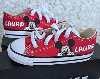 Red Mickey Mouse Sneakers, Low Tops, Personalized, Peeking Mickey Mouse, Toddler Sizes