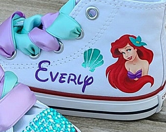 Custom Little Mermaid Converse, Princess Baby Toddler Girl  High Top Shoes, Ariel Converse Sneaker
