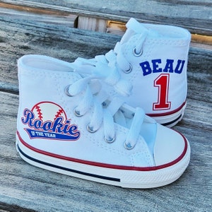 Baseball Converse, Rookie of the Year, White High Tops, Red and Blue, Personalized, Baby and Toddler Sizes, Genuine Converse