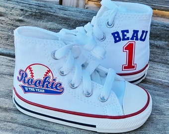 Baseball Converse, Rookie of the Year, White High Tops, Red and Blue, Personalized, Baby and Toddler Sizes, Genuine Converse