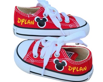 Red Converse, Mickey Mouse Low Tops, Personalized, Yellow Name, Baby and Toddler Sizes, Genuine Converse