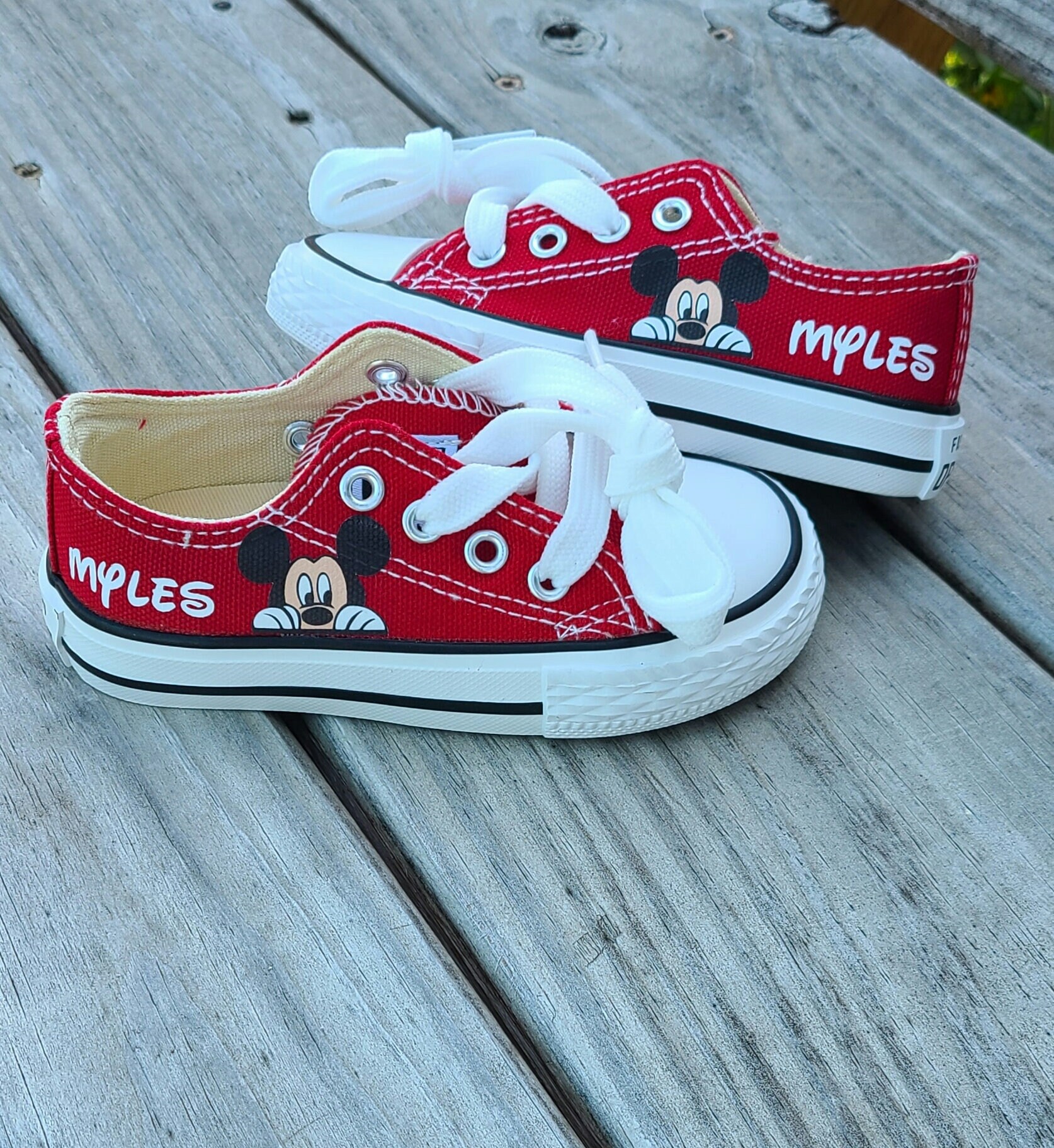 Red Mickey Mouse Sneakers, Low Tops, Personalized, Peeking Mickey
