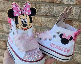 Pink personalized Minnie Mouse Converse, pink crystals and Minnie faces on the tongues