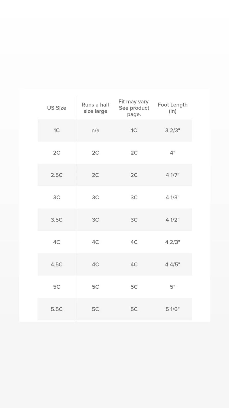 May include: A size chart for children's shoes, showing US shoe size, corresponding size for a half size larger, the fit of the shoe, and the foot length in inches.