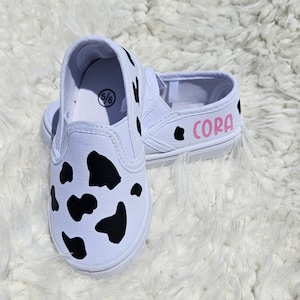 Cow print shoes for toddlers, kids cow sneakers, personalized cow spot slip on shoes