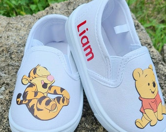Winnie The Pooh Slip Ons, White Sneakers, Personalized, Baby and Toddler Sizes