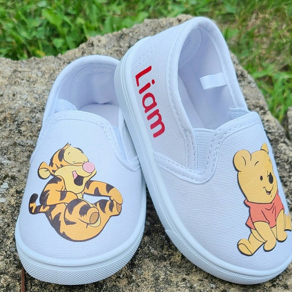 Winnie The Pooh Slip Ons White Sneakers Personalized Baby and Toddler Sizes
