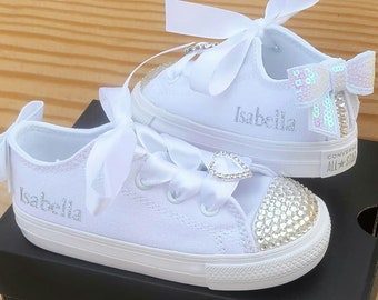 White Converse Personalized Shoes, Custom Flower Girl Shoes, Crystals on Toes, Bedazzled Rhinestones Converse, Baby and Toddler Sizes