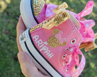 Minnie Mouse Converse, Pink High Tops, Gold Minnie, Personalized, White Glitter Name, Gold Crystals, Pink Pearls, Baby Toddler SIzes