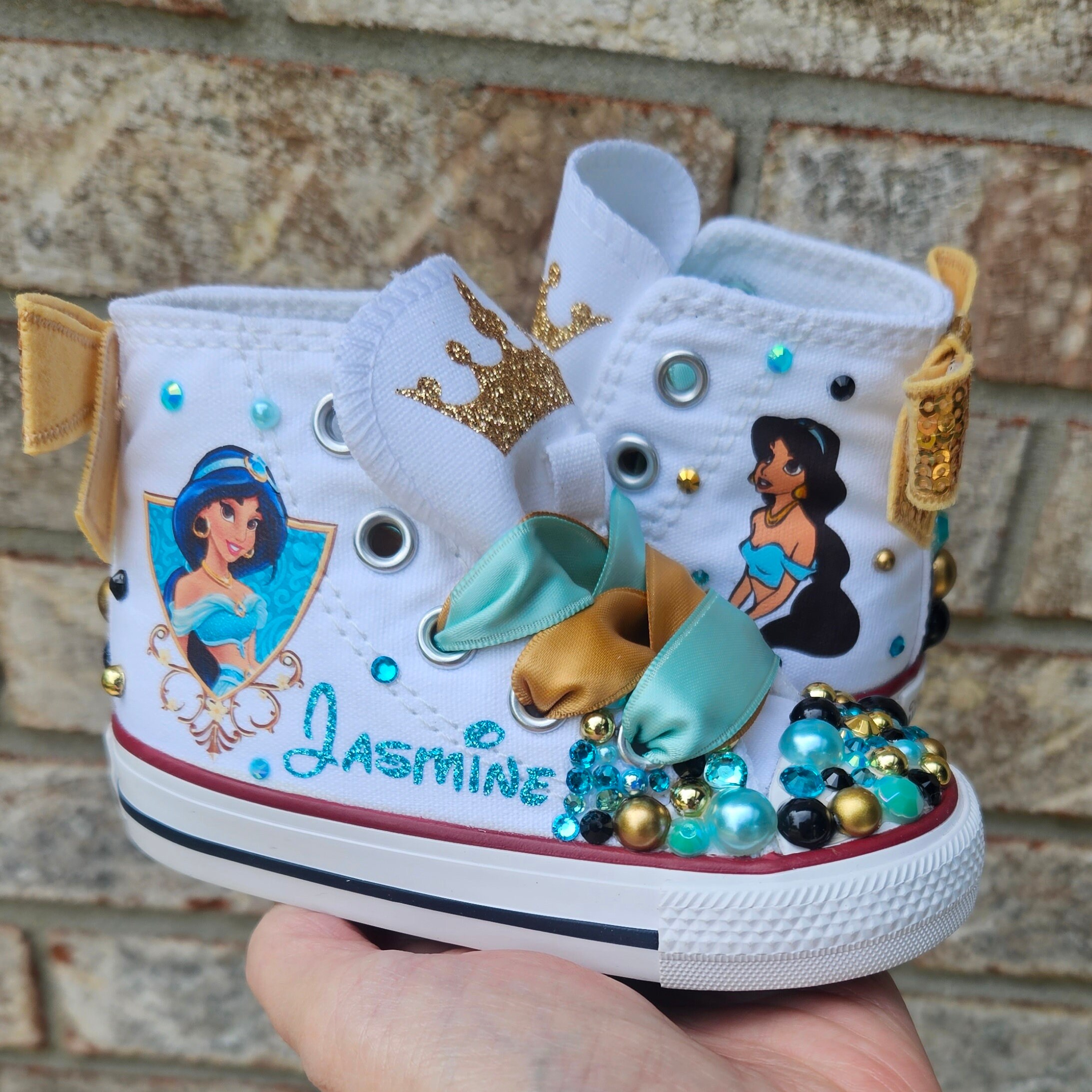 Disney Princess Jasmine Aladdin Girls Gold Teal Sparkle Shoes Size 11 12  EUC | eBay