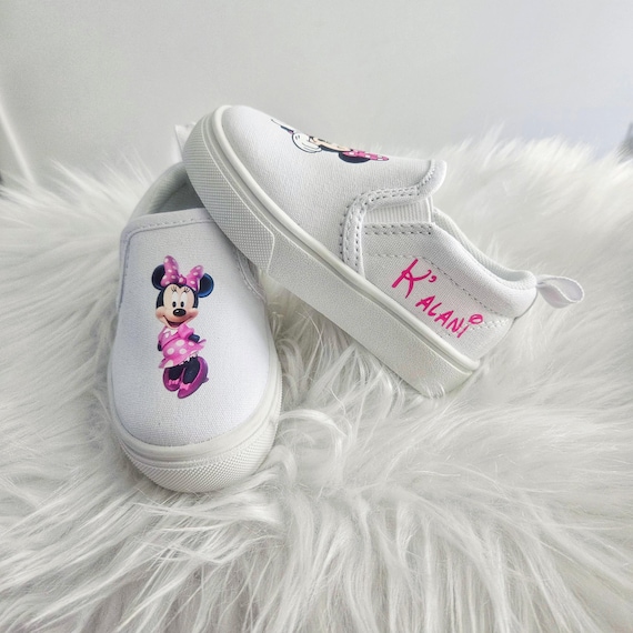 Minnie Mouse Slip On Shoes, White Sneakers For Toddler Choose Pink or Red, Personalized Minnie Mouse Slip on Shoes