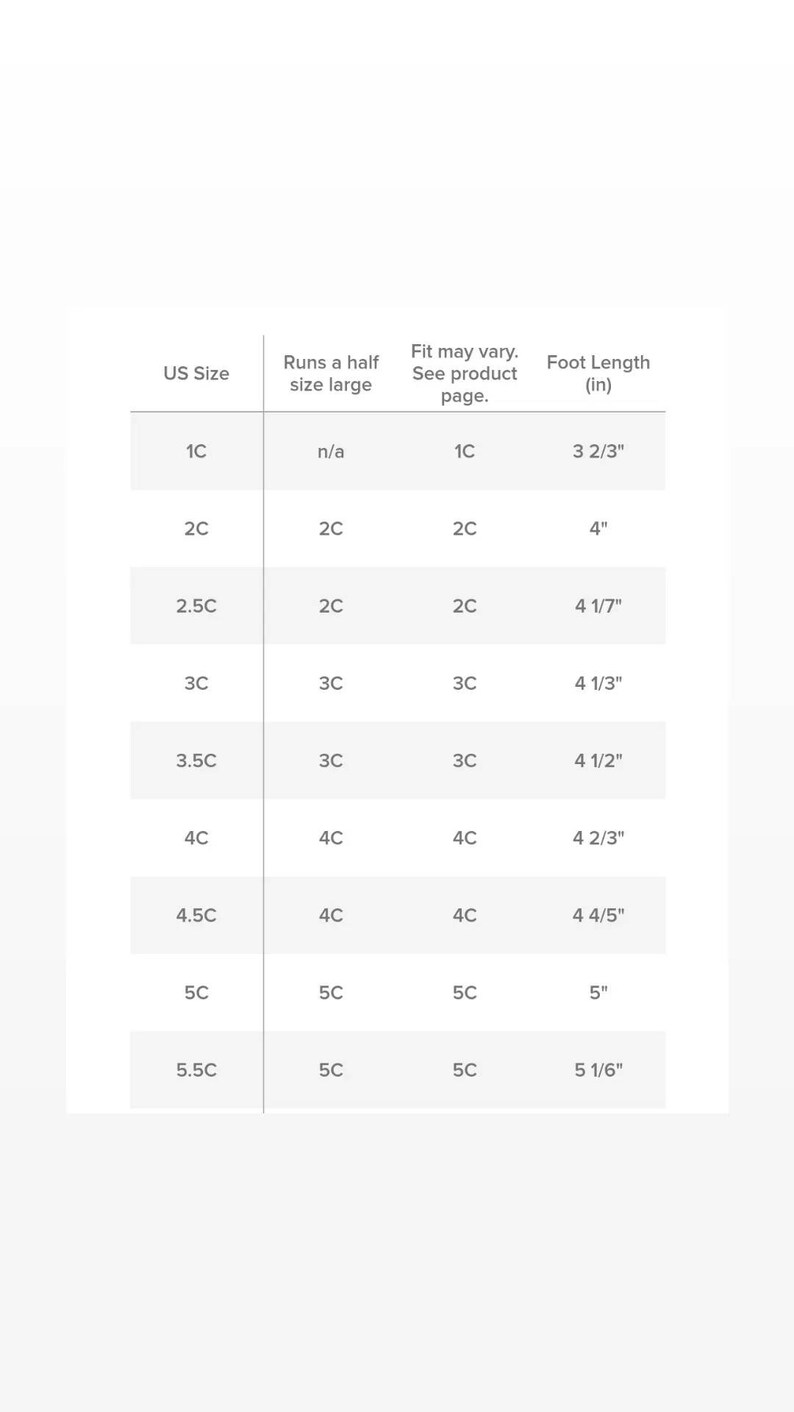 May include: A size chart for children's shoes, showing US shoe size, corresponding size for a half size larger, the fit of the shoe, and the foot length in inches. The chart shows sizes from 1C to 5.5C.