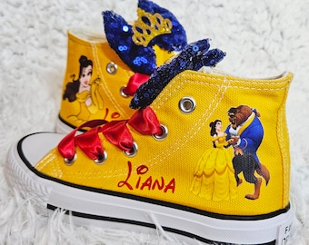 Custom Belle Shoes, Personalized Beauty and the Beast Yellow High Tops, Toddler and Big Girl Sizes