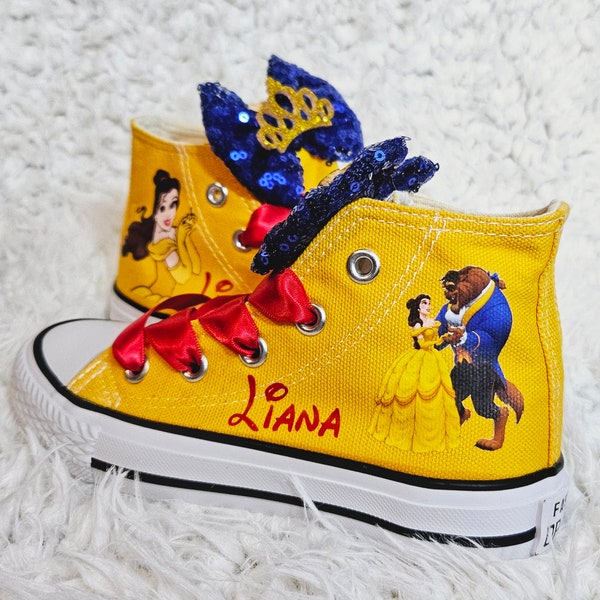 Custom Belle Shoes, Personalized Beauty and the Beast Yellow High Tops, Toddler and Big Girl Sizes