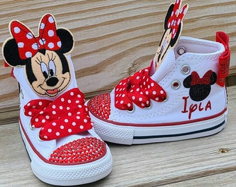 Red personalized Minnie Mouse Converse, red crystals and Minnie faces on the tongues