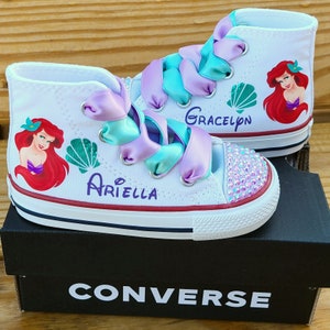 Little Mermaid Converse, White High Tops, Ariel, Lavender or Turquoise Crystals, Personalized, Genuine Converse