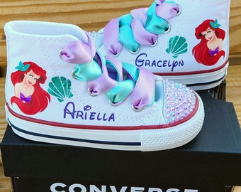 Little Mermaid Converse, White High Tops, Ariel, Lavender or Turquoise Crystals, Personalized, Genuine Converse