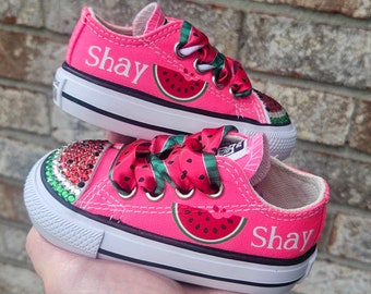 Watermelon Shoes, Genuine Converse, Baby and Toddler Sizes, Personalized, Bling Crystals, Red pink white sneakers