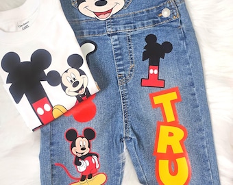 Custom Mickey Mouse Denim Overalls Toddler Outfit Personalized Washable Images Won't Peel