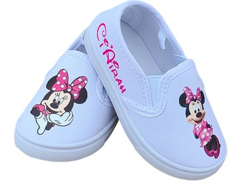 Minnie Mouse Slip On Shoes, White Sneakers For Toddler Choose Pink or Red, Personalized Minnie Mouse Slip on Shoes
