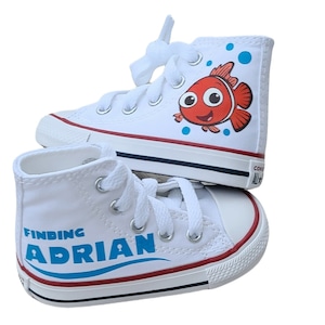 Finding Nemo Shoes, White High Tops, Genuine Converse, Personalized, Baby Toddler Sizes, Chuck Taylor High Tops