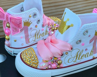 Custom Princess Converse, Pink and Gold Bling Shoes With Name and Age, Bedazzled Crystals and Pearls