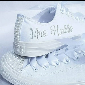Wedding Converse For Bride, Bride Shoes, Pearls or Crystals, Genuine Converse, Personalized, Name and Date Mrs.  47 font colors