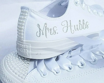 Wedding Converse For Bride, Bride Shoes, Pearls or Crystals, Genuine Converse, Personalized, Name and Date Mrs.  47 font colors