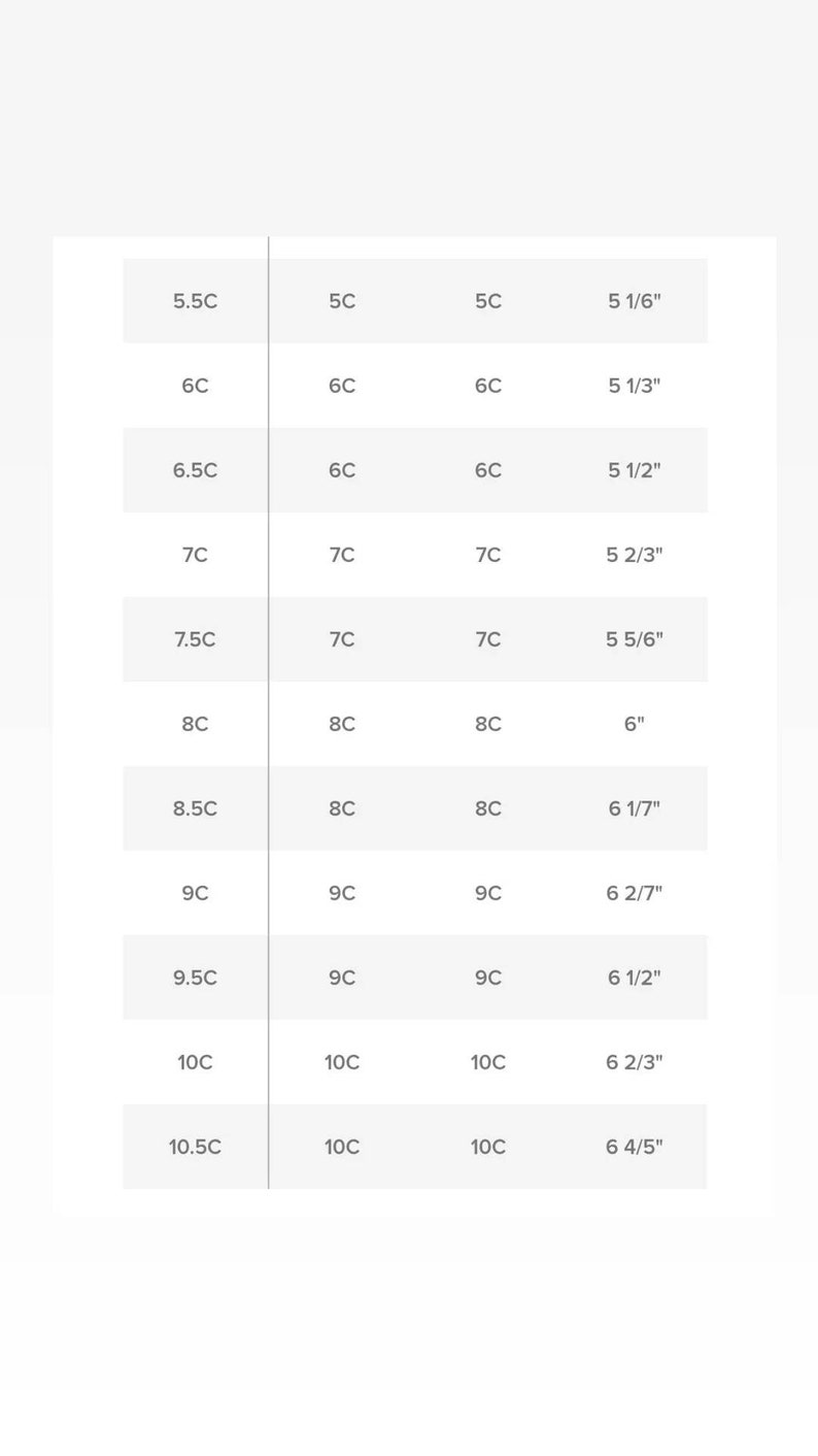 May include: A chart showing shoe sizes in US women's sizes, with corresponding European sizes and inches. The chart shows sizes from 5.5C to 10.5C.