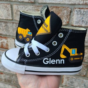 Construction Theme Converse, Personalized High Top Sneakers, Dump Truck, Digger, Backhoe, Many Sizes and Colors, Kids Shoes Toddler Boy