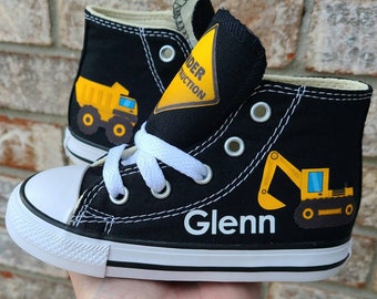 Construction Theme Converse, Personalized High Top Sneakers, Dump Truck, Digger, Backhoe, Many Sizes and Colors, Kids Shoes Toddler Boy