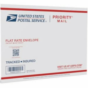 May include: White envelope with red and blue accents. It says "United States Postal Service" and "Priority Mail" in red and blue text. It also says "Flat Rate Envelope" and "Tracked - Insured" in black text. The envelope has a barcode and a QR code.