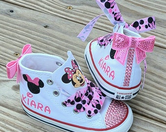 Pink and Black Minnie Mouse Converse Custom Toddler Converse Sparkly Minnie Mouse Head and Name Pink Crystals Bling Converse Sneakers Girls