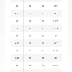 May include: A chart showing shoe sizes in US women's sizes, with corresponding European sizes and inches. The chart shows sizes from 5.5C to 10.5C.