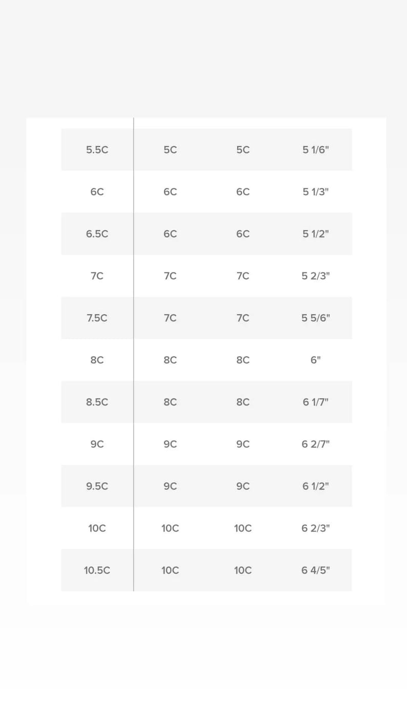May include: A chart showing shoe sizes in US women's sizes, with corresponding European sizes and inches. The chart shows sizes from 5.5C to 10.5C.