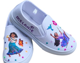 Encanto Slip Ons, Isabela and Maribel, White Sneakers, Baby and Toddler Sizes, Personalized, Crystals and Pearls, Colorful, Purple Name