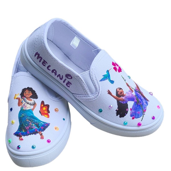 Encanto Slip Ons, Isabela and Maribel, White Sneakers, Baby and Toddler Sizes, Personalized, Crystals and Pearls, Colorful, Purple Name