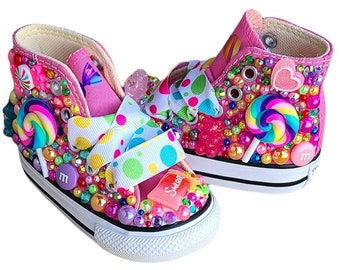 Candy Converse, Candyland Shoes, Genuine Converse, Personalized, Pink High Tops, White High Tops, Kids Sneakers, Toddler Shoes