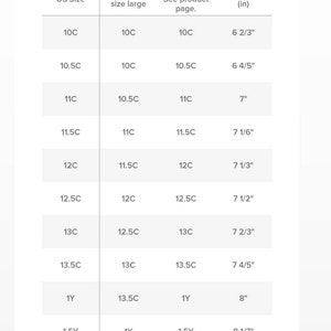 May include: A chart showing shoe sizes for children. The chart shows US sizes, corresponding sizes that run a half size large, and the corresponding foot length in inches.