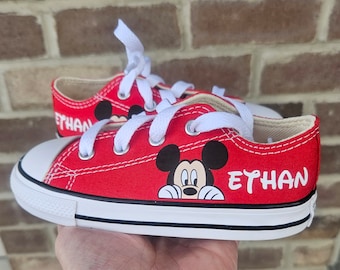 Red Mickey Mouse Sneakers, Low Tops, Personalized, Peeking Mickey Mouse, Toddler Sizes