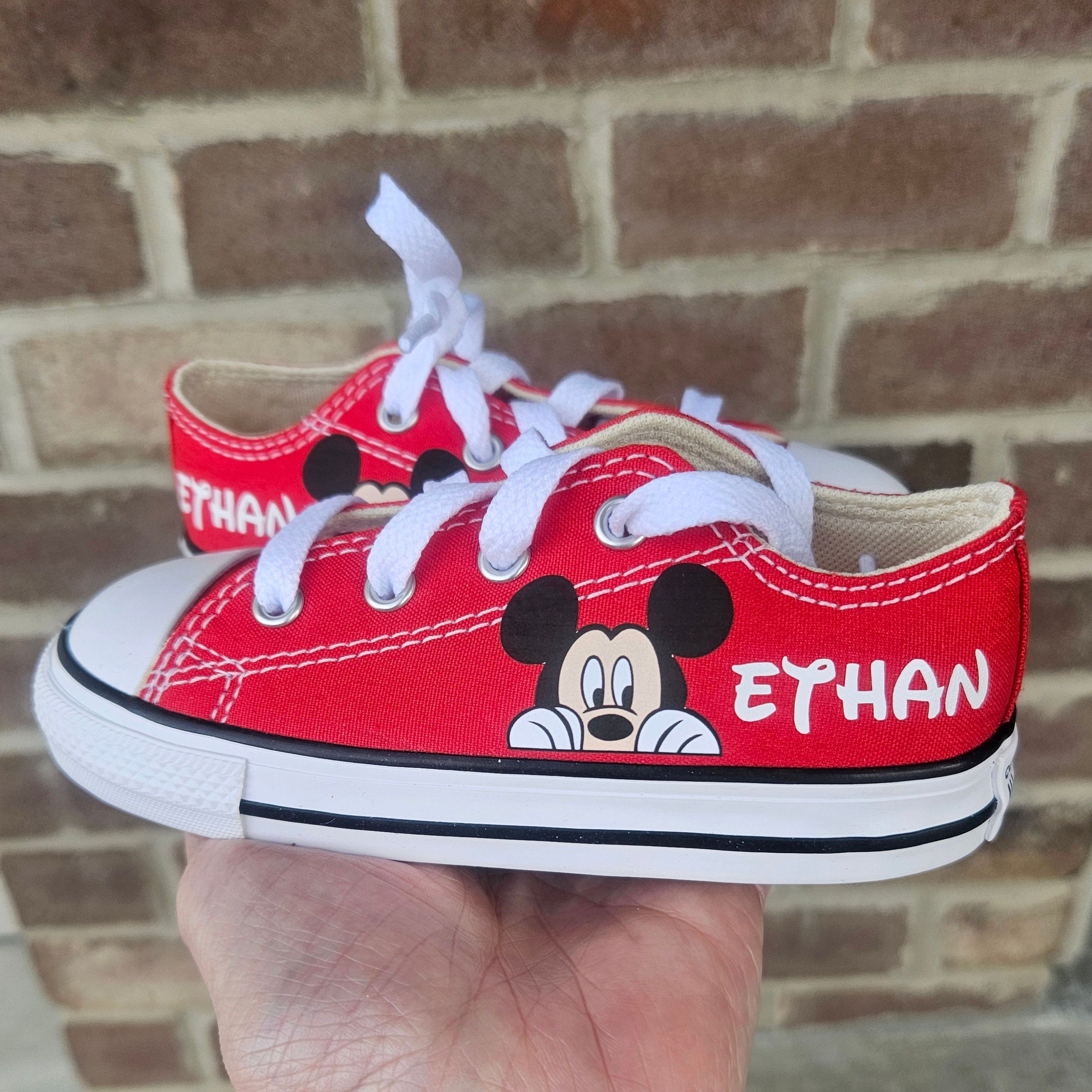 mickey74さま専用③ Red Mickey Mouse Sneakers, Low Tops, Personalized, Peeking Mickey