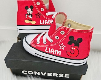 Custom Mickey Mouse Converse Personalized Mickey Mouse Converse With Name and Age Red High Top Converse Sneaker For Baby Toddler Boy