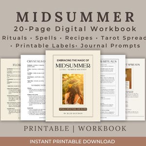 以下が含まれることがあります： 「MIDSUMMER」というタイトルの20ページのデジタルワークブック。表紙にはテキストと花の冠をつけた女性の画像が掲載されています。ワークブックには、儀式、呪文、レシピ、タロットスプレッド、印刷可能なラベル、ジャーナルプロンプトが含まれています。