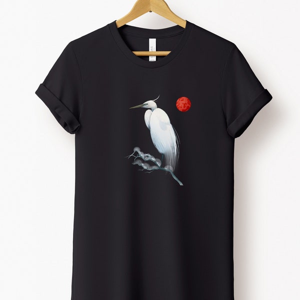 Japanese White Crane T-Shirt, Minimalist Nature Tee, Watercolor Egret Shirt, Gift for Meditation Lovers, Elegant Modern Style Gift