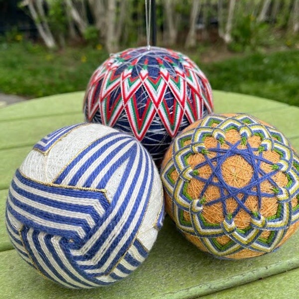 LG/Med Handmade Temari Ball w/ Hanger | Blue, Orange, Green, Red, Silver, Gold, Navy Blue | Geometric, Floral, Diagonal, Color, Craft, Twine